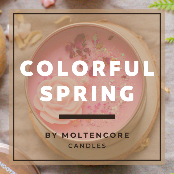 Handmade soy candles, MoltenCore, colorful spring, fresh blooms, floral scents, lavender, lemon zest, refreshing, vibrant, seasonal ambiance.